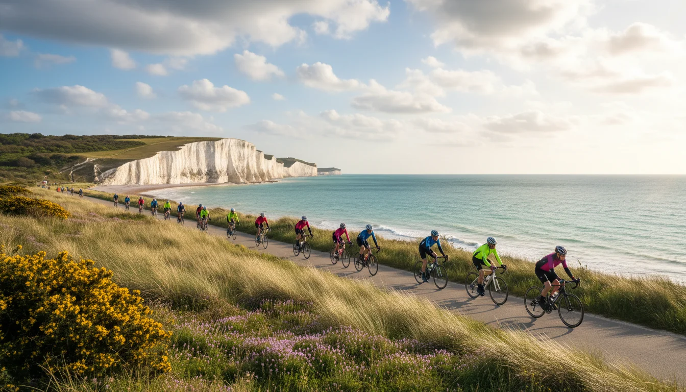 Groupe de cyclistes sur la piste côtière entre Ault et Cayeux-sur-Mer avec les falaises en arrière-plan