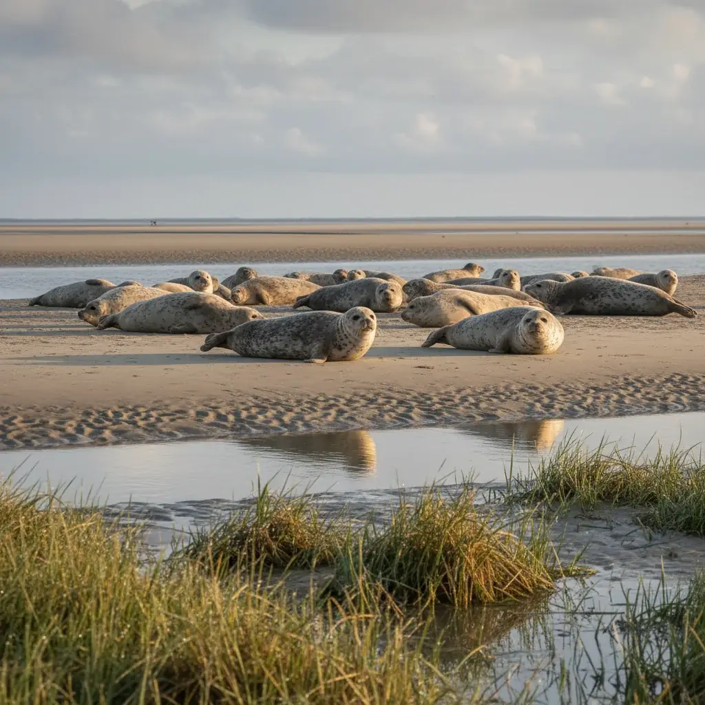 Phoques veaux-marins sur un banc de sable à la Pointe du Hourdel en automne