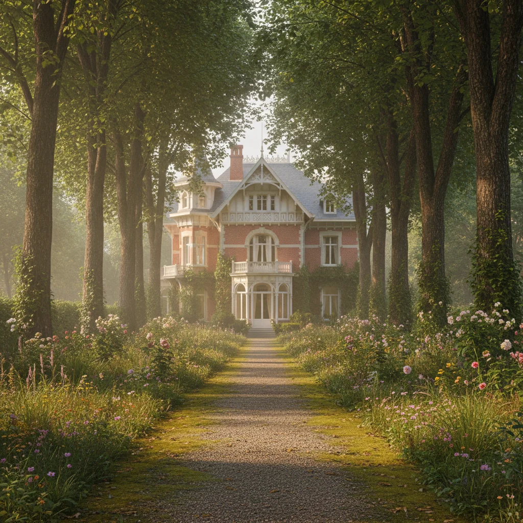 Une villa Belle Époque du Bois de Cise entrevue entre les arbres le long d'une allée ombragée