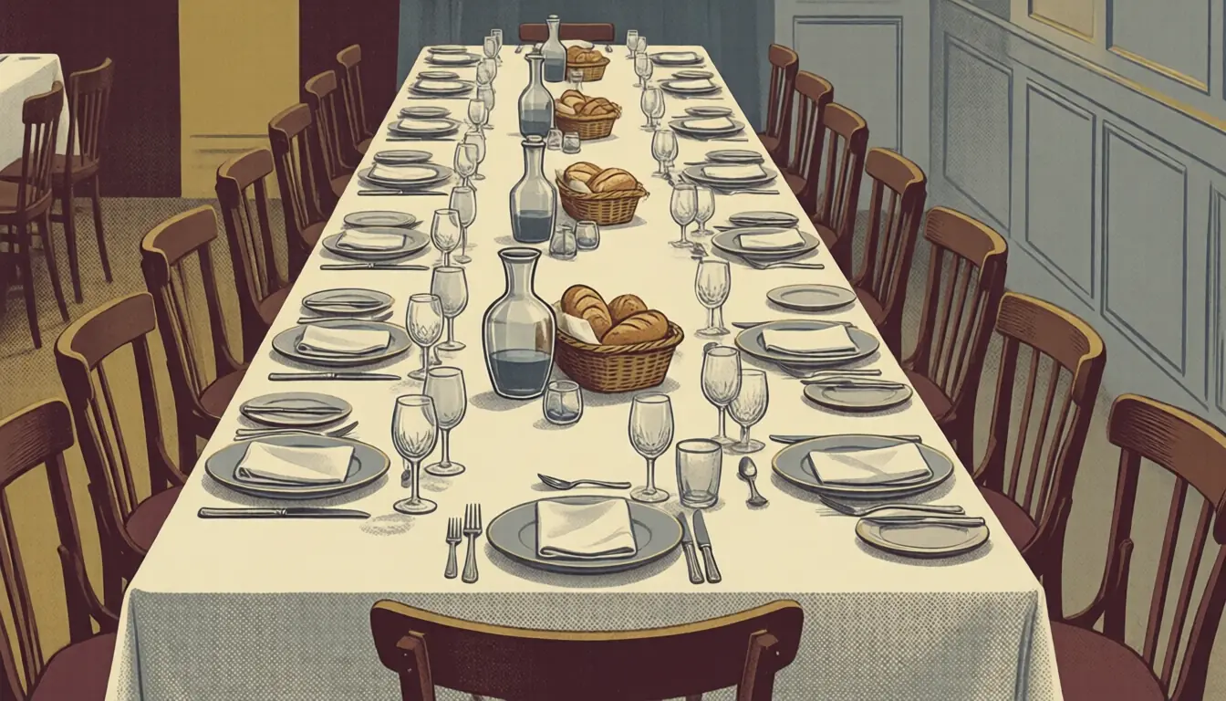 Illustration : longue table dressée vue de haut, couverts et verres alignés pour un grand groupe.