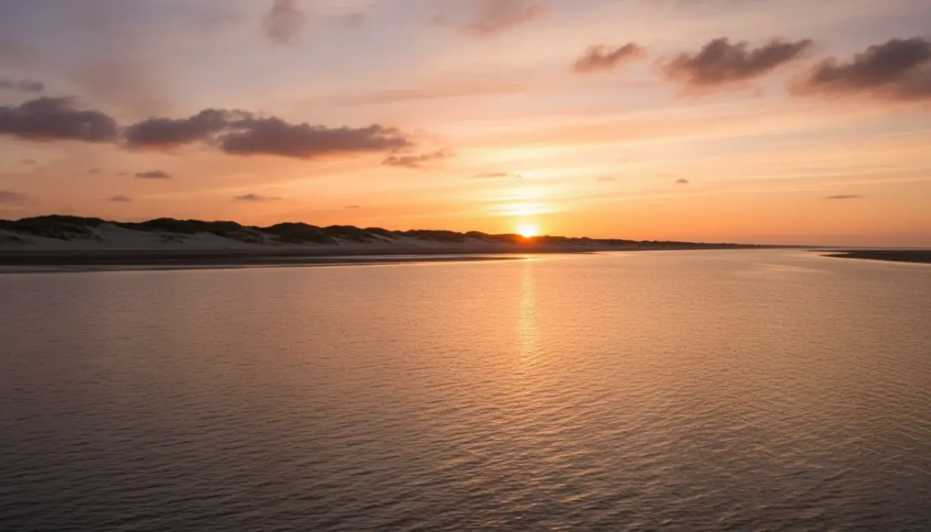 Vue panoramique de la Baie de Somme au coucher du soleil