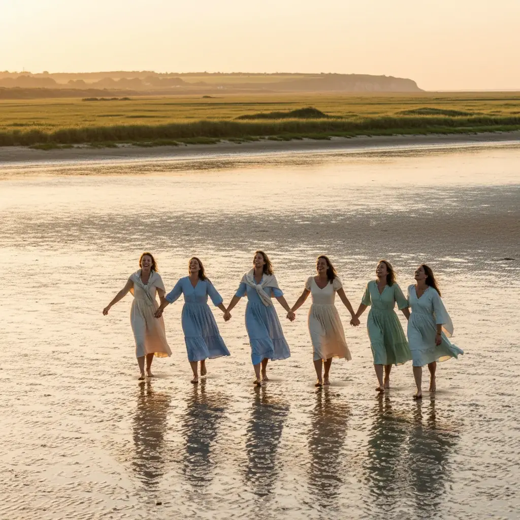 Groupe de femmes se promenant sur les estrans de la Baie de Somme à marée basse