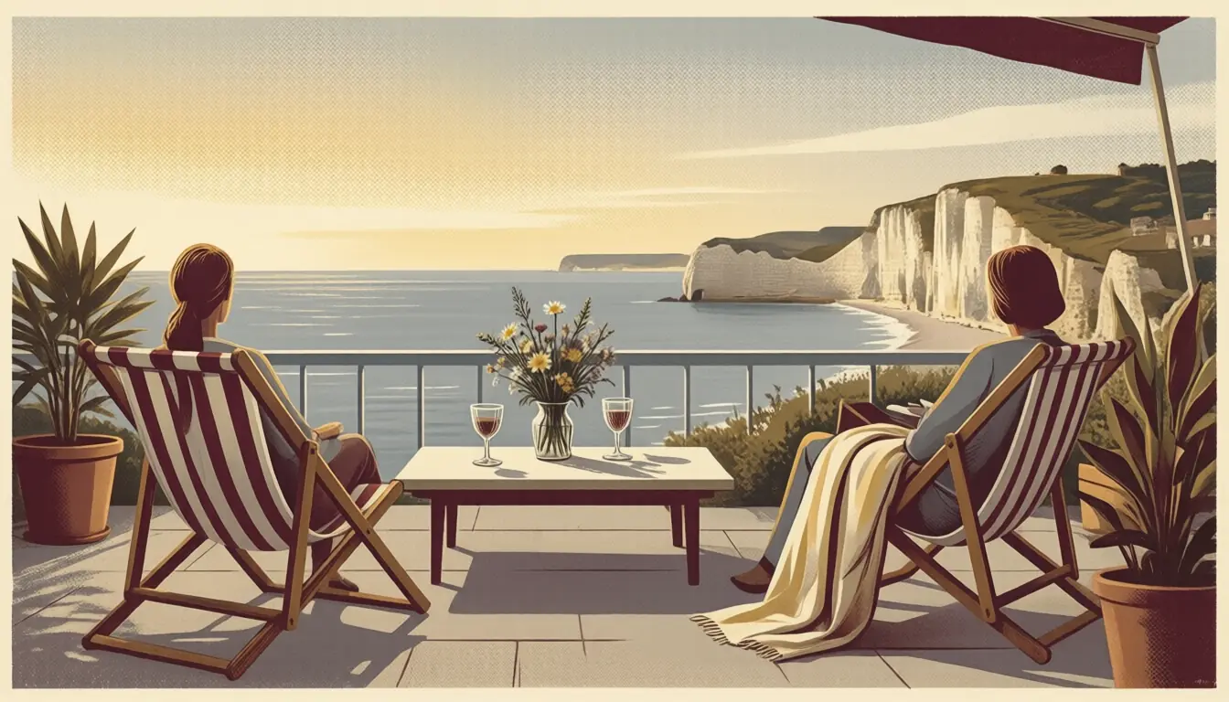Illustration : terrasse en bord de mer, transats rayés et bouquet de fleurs face aux falaises de craie.