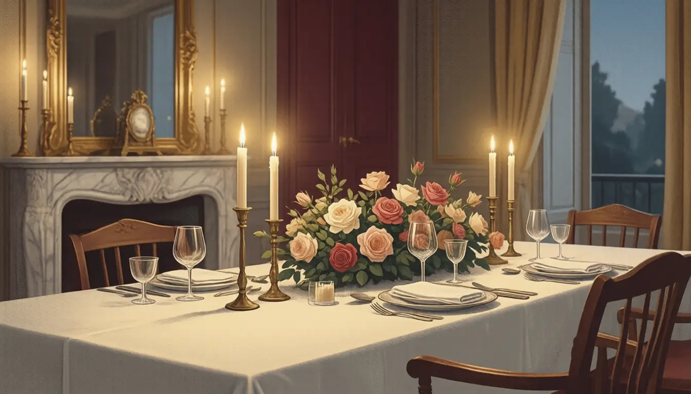 Illustration : salle à manger le soir, table nappée de blanc, bougies et roses devant une cheminée de marbre.