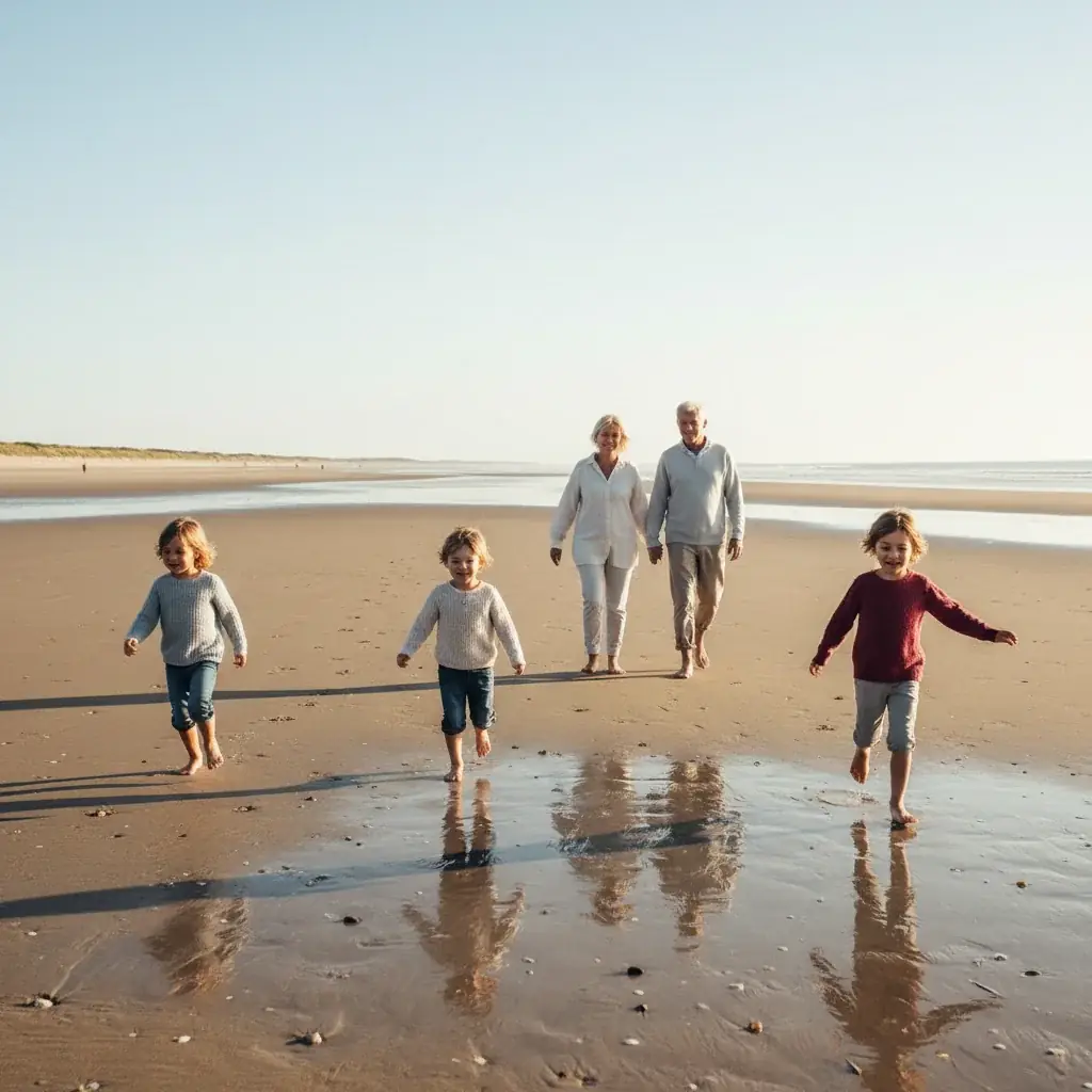 Famille de trois générations en promenade sur la plage de la Baie de Somme