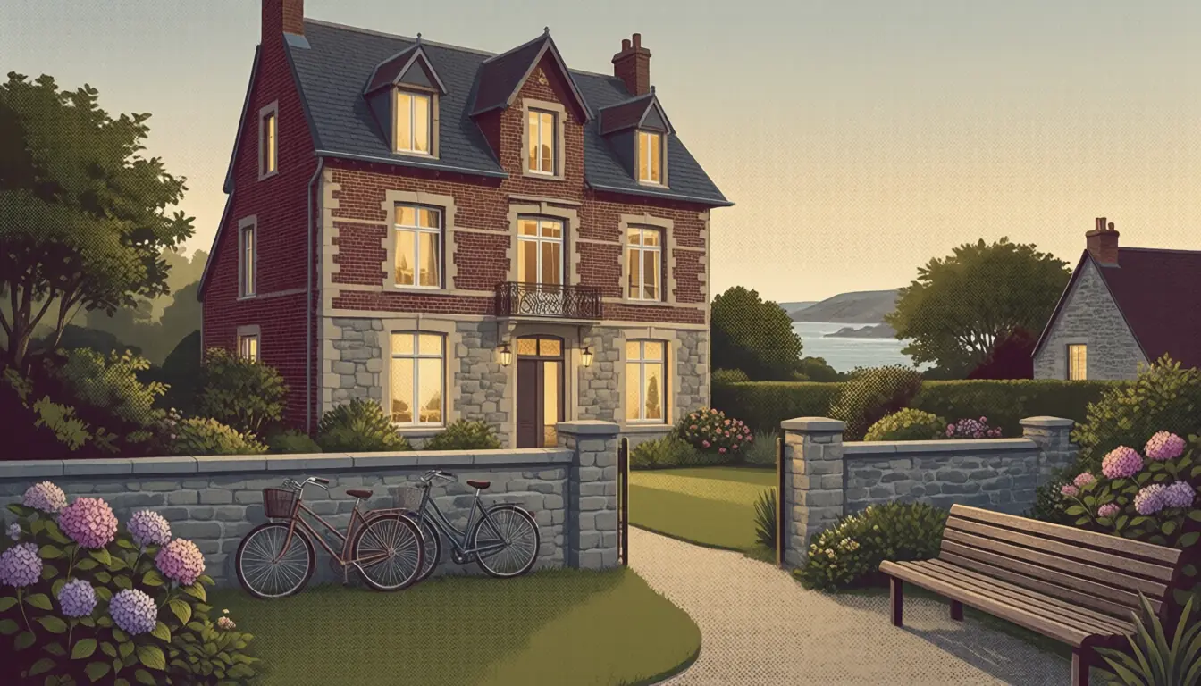 Illustration : grande maison de bord de mer au crépuscule, fenêtres éclairées, vélos contre le mur du jardin.