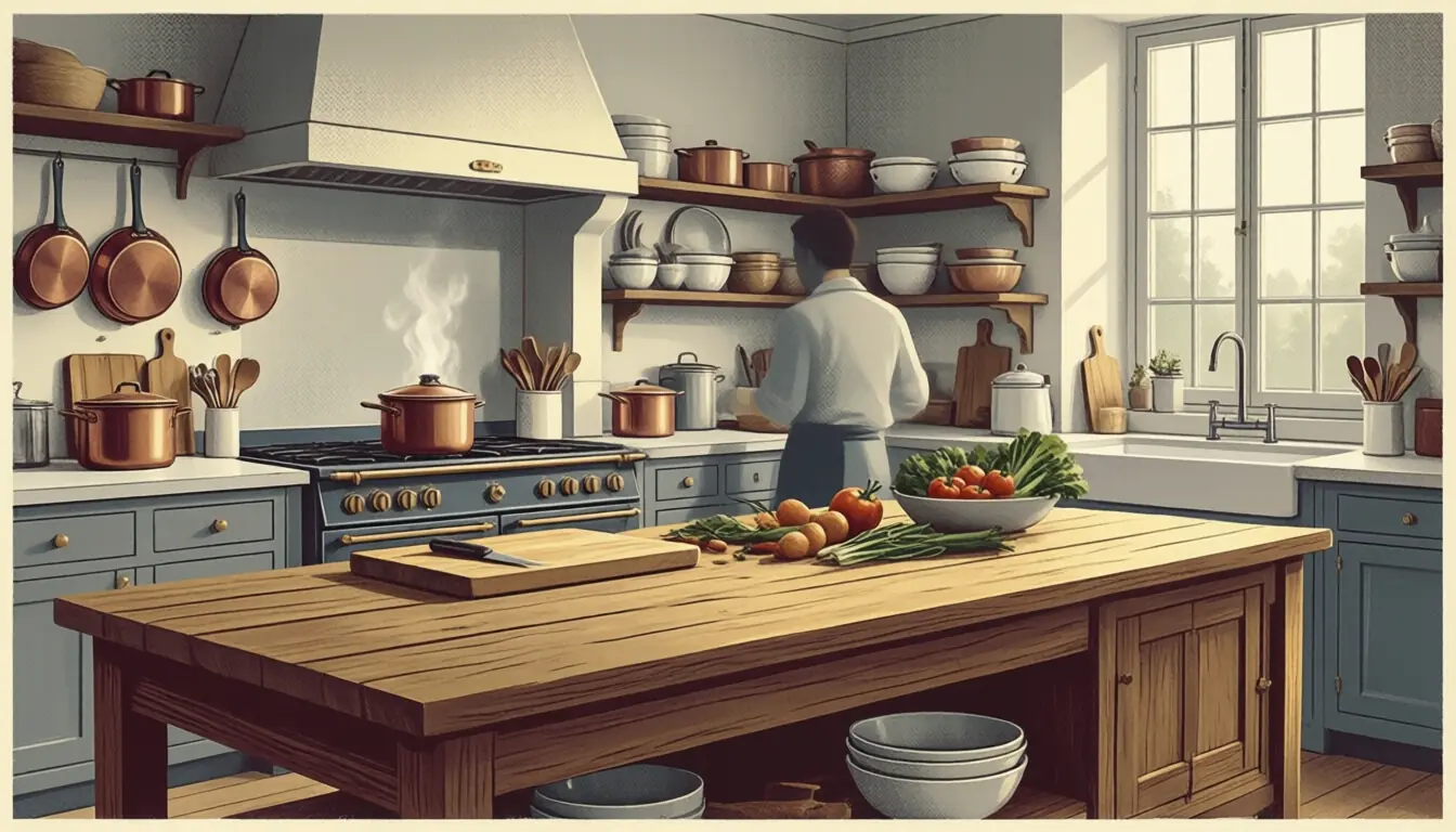 Illustration : grande cuisine en activité, cocotte sur le piano, casseroles suspendues et plan de travail garni.