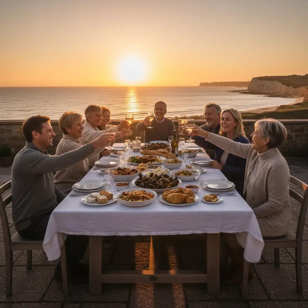 Illustration : grande tablée en terrasse au coucher du soleil dans un gîte des Hauts-de-France