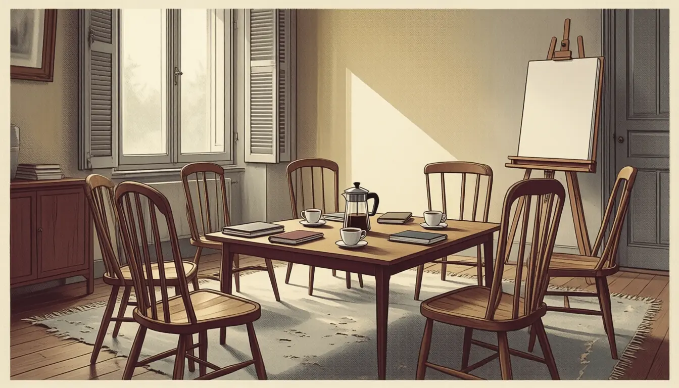 Illustration : chaises disposées en cercle dans une pièce ancienne, cafetière et carnets sur une table basse.