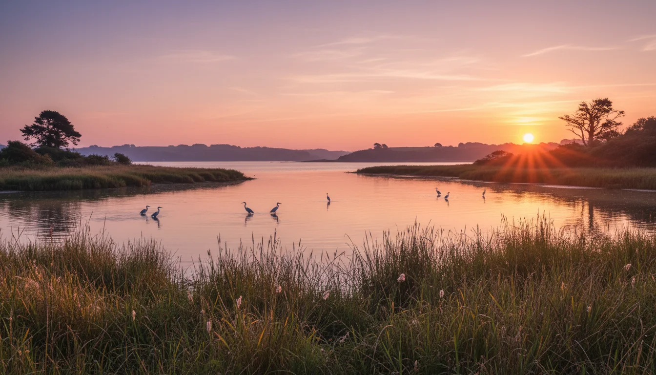 Le hâble d'Ault au lever du soleil, avec roselière et oiseaux aquatiques