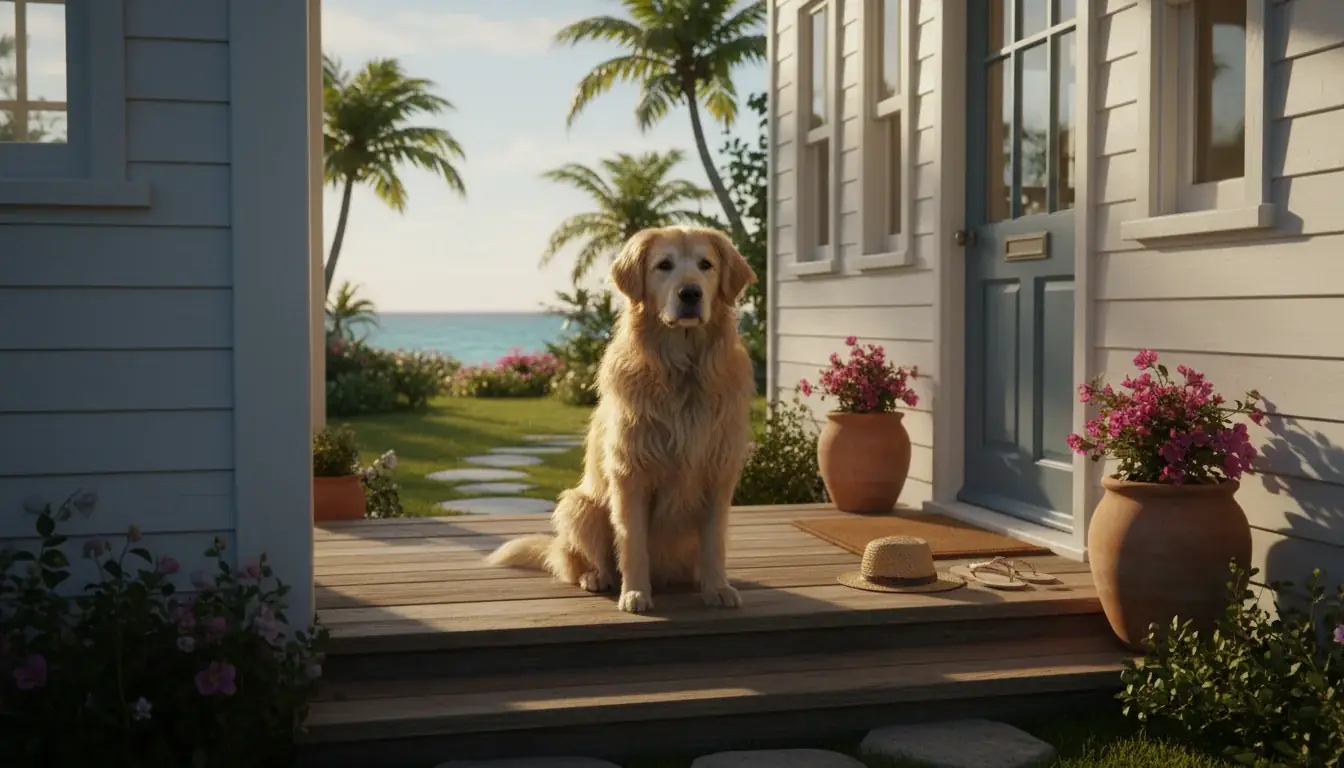 Chien assis devant un grand gîte en bord de mer, prêt pour des vacances en famille