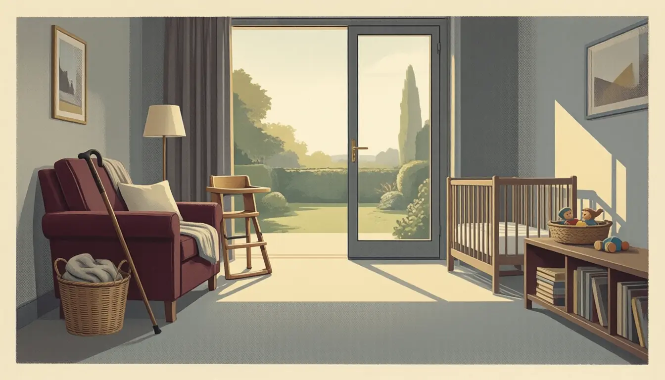 Illustration : pièce de plain-pied avec fauteuil, chaise haute en bois et lit parapluie, porte-fenêtre sans marche.