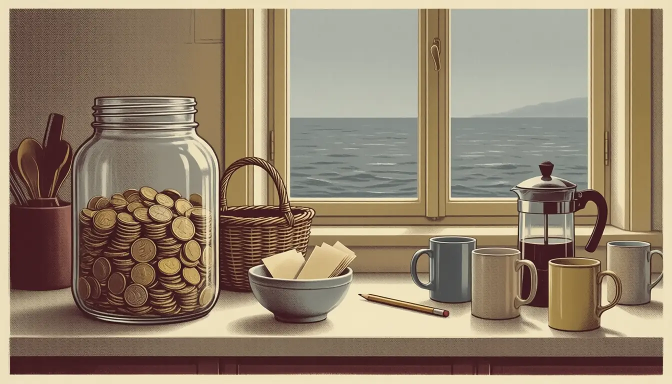 Illustration : plan de travail de cuisine avec bocal de pièces, panier et mugs alignés devant une fenêtre sur la mer.