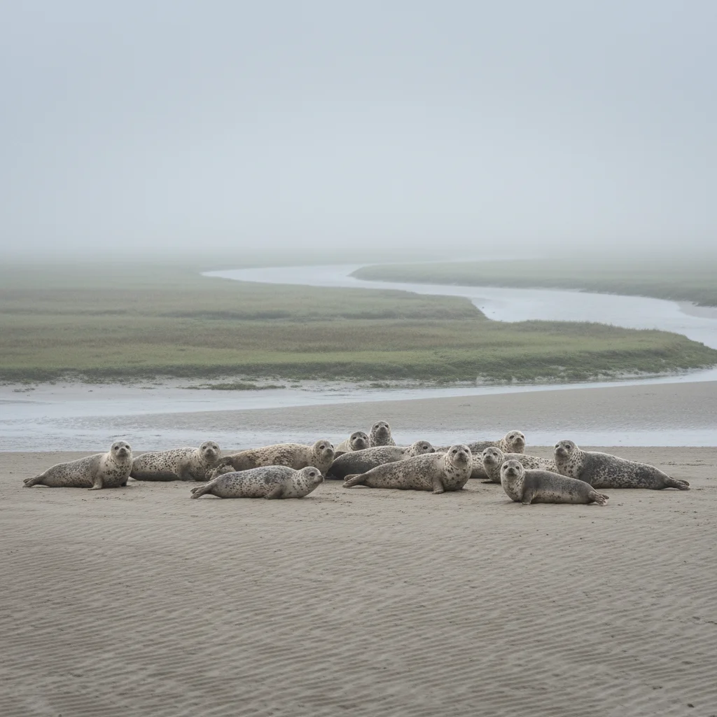 Phoques sur les bancs de sable de la Baie de Somme par temps gris
