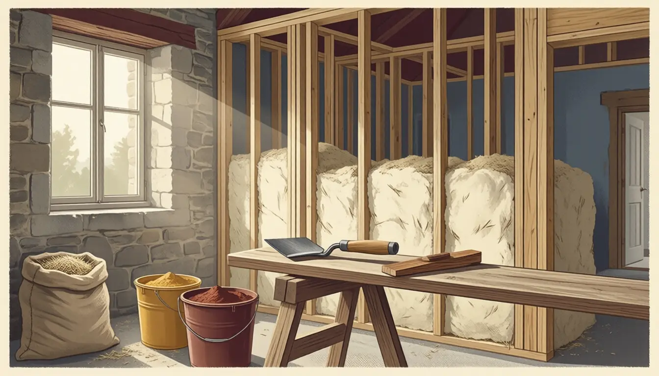 Illustration : chantier de rénovation, ossature bois remplie d'isolant naturel, seaux de pigments et outils.