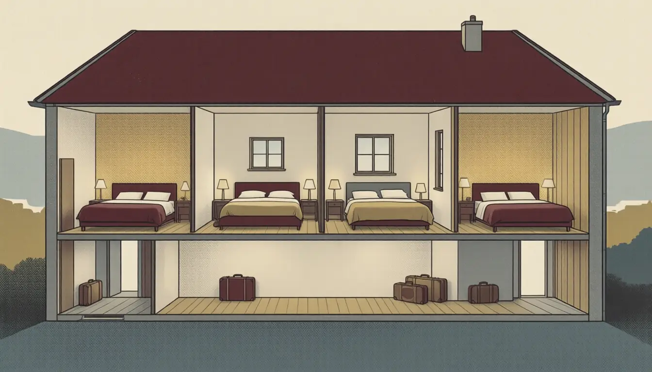 Illustration : coupe d'une maison montrant quatre chambres alignées, chacune avec son lit et sa fenêtre.