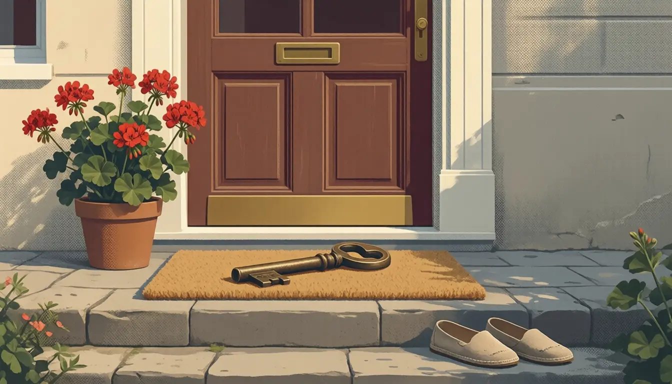 Illustration : grosse clé ancienne posée sur un paillasson devant une porte d'entrée en bois.