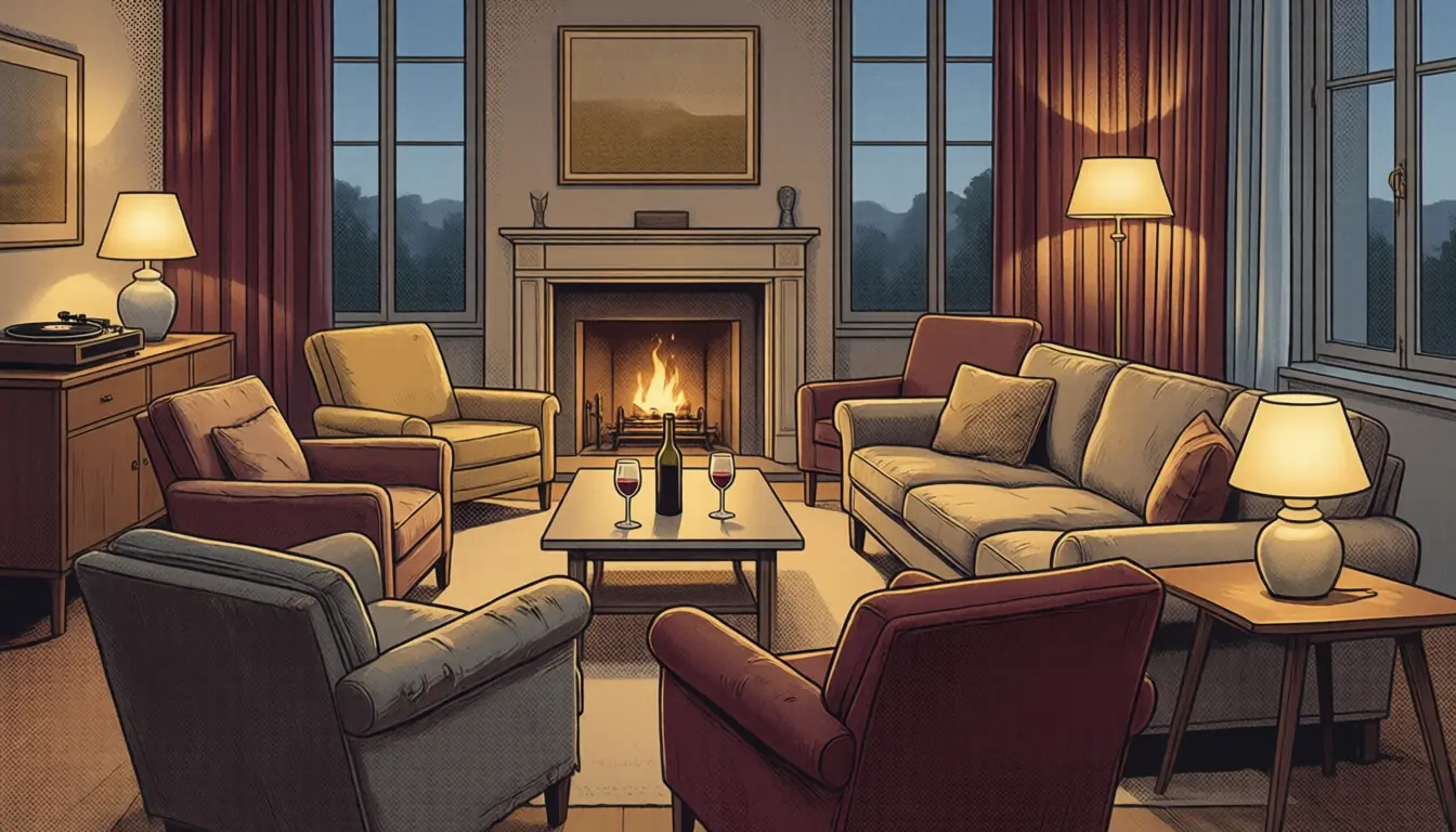 Illustration : salon le soir, fauteuils en cercle autour d'une table basse, feu de cheminée et lampes allumées.