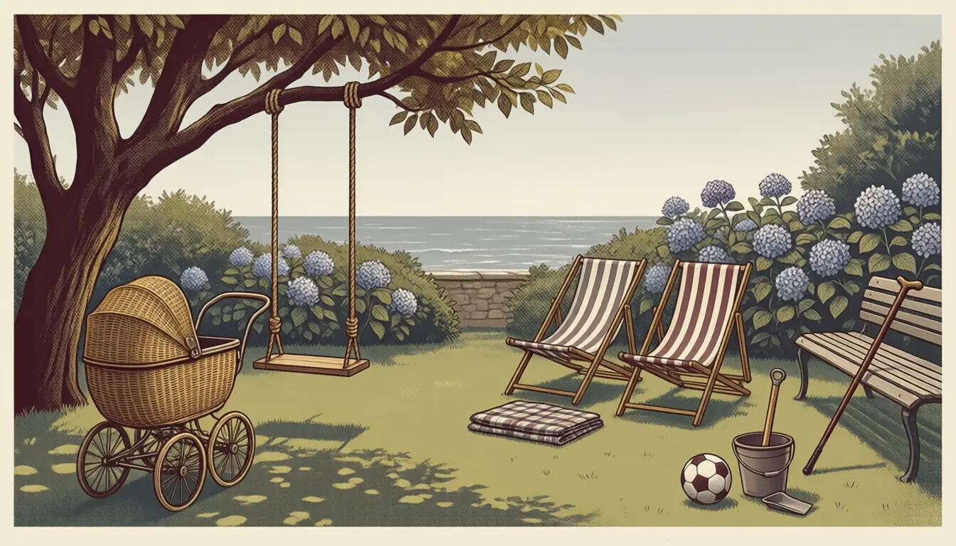 Illustration : jardin avec balançoire, transats, landau en osier et seau de plage, la mer au fond.
