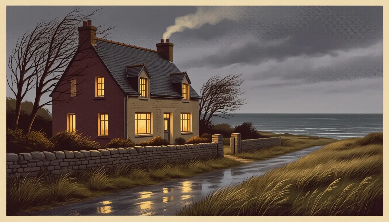 Illustration : maison aux fenêtres éclairées un soir de novembre, arbres nus, chemin mouillé et ciel lourd sur la mer.