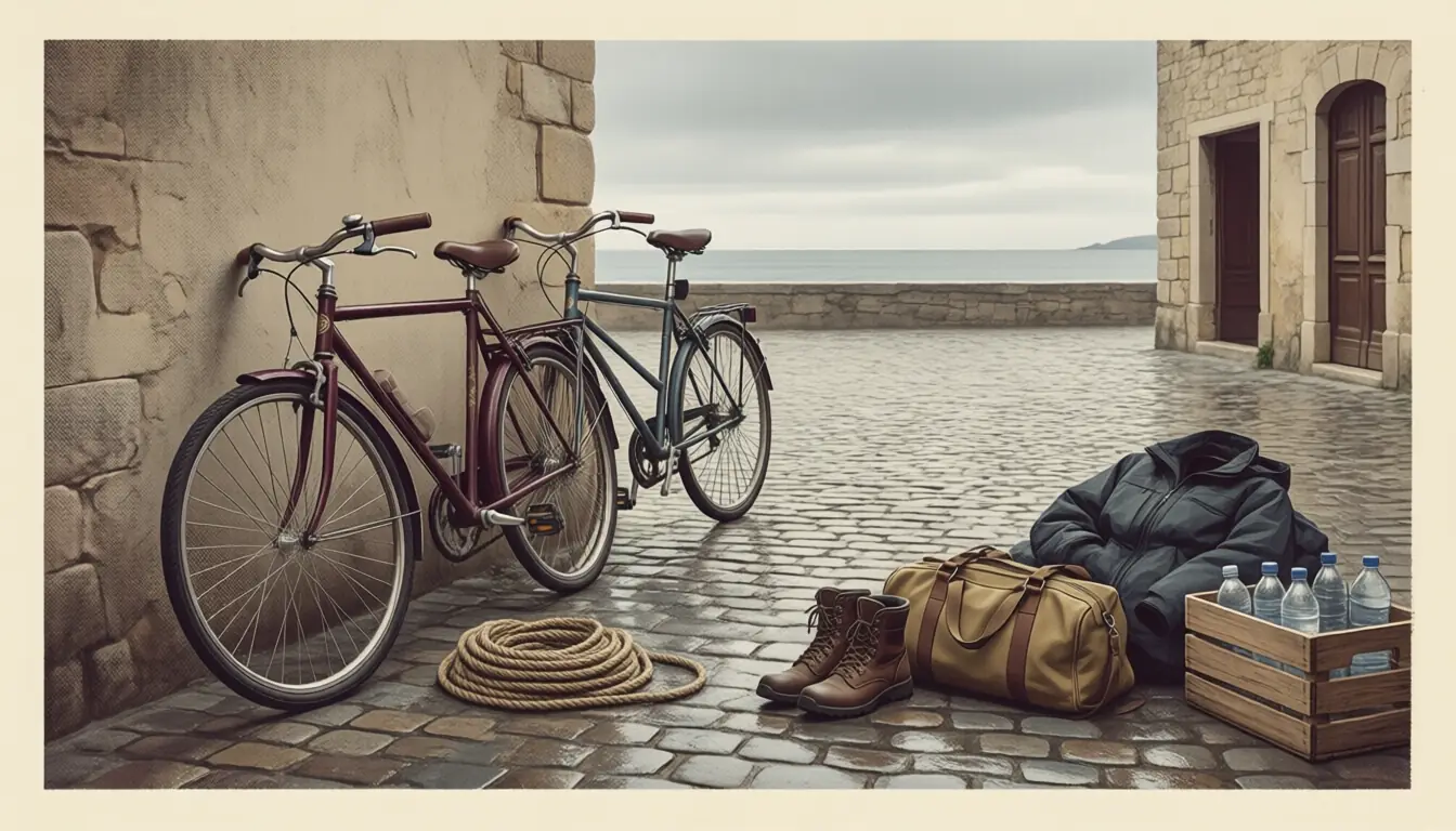 Illustration : vélos, cordage, bottes et vestes de pluie rassemblés dans une cour pavée face à la mer.