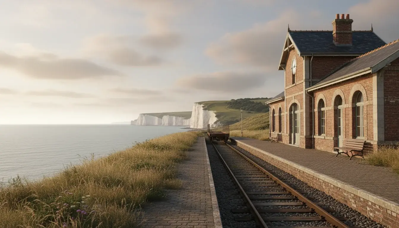 Illustration : arrivée en train sur la côte picarde, falaises en arrière-plan
