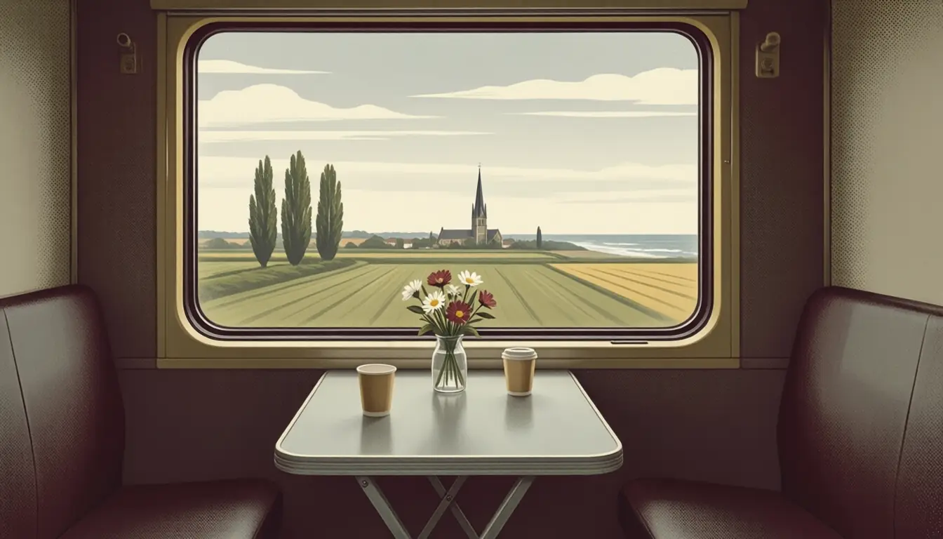Illustration : vue par la fenêtre d'un train sur la campagne du Nord, tablette avec deux gobelets et un bouquet.